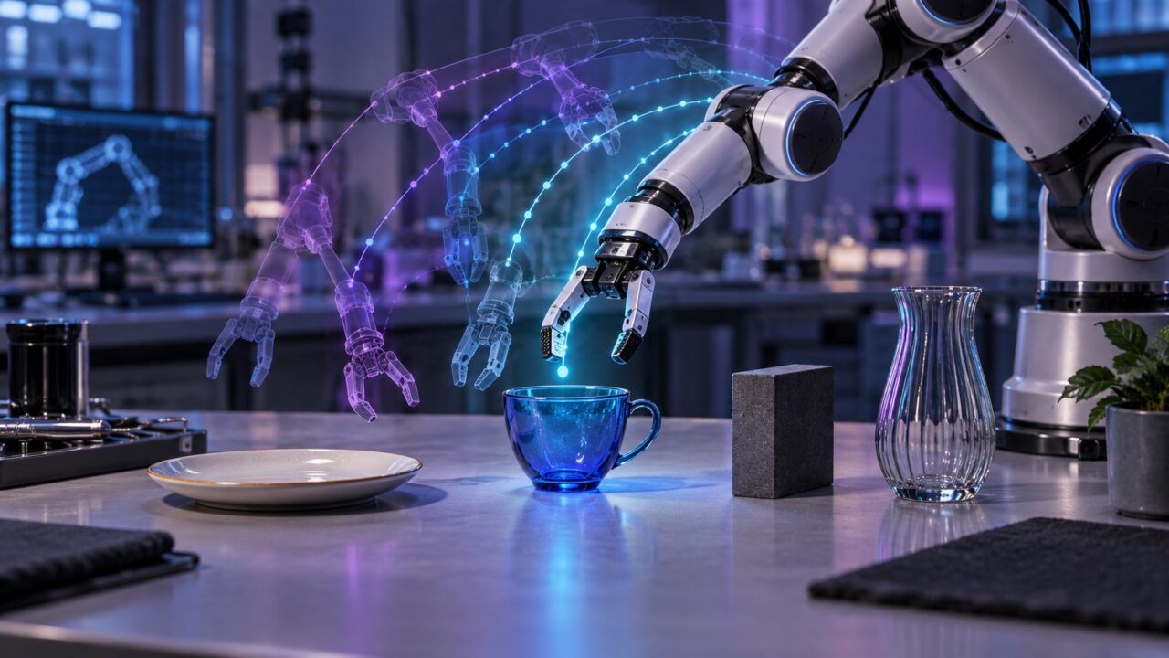 複数の行動候補を仮想的に試して安全な動きを選ぶロボットアーム