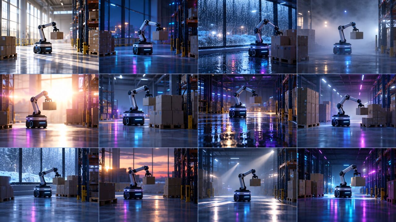 多様な照明や天候の仮想工場で学習するロボット
