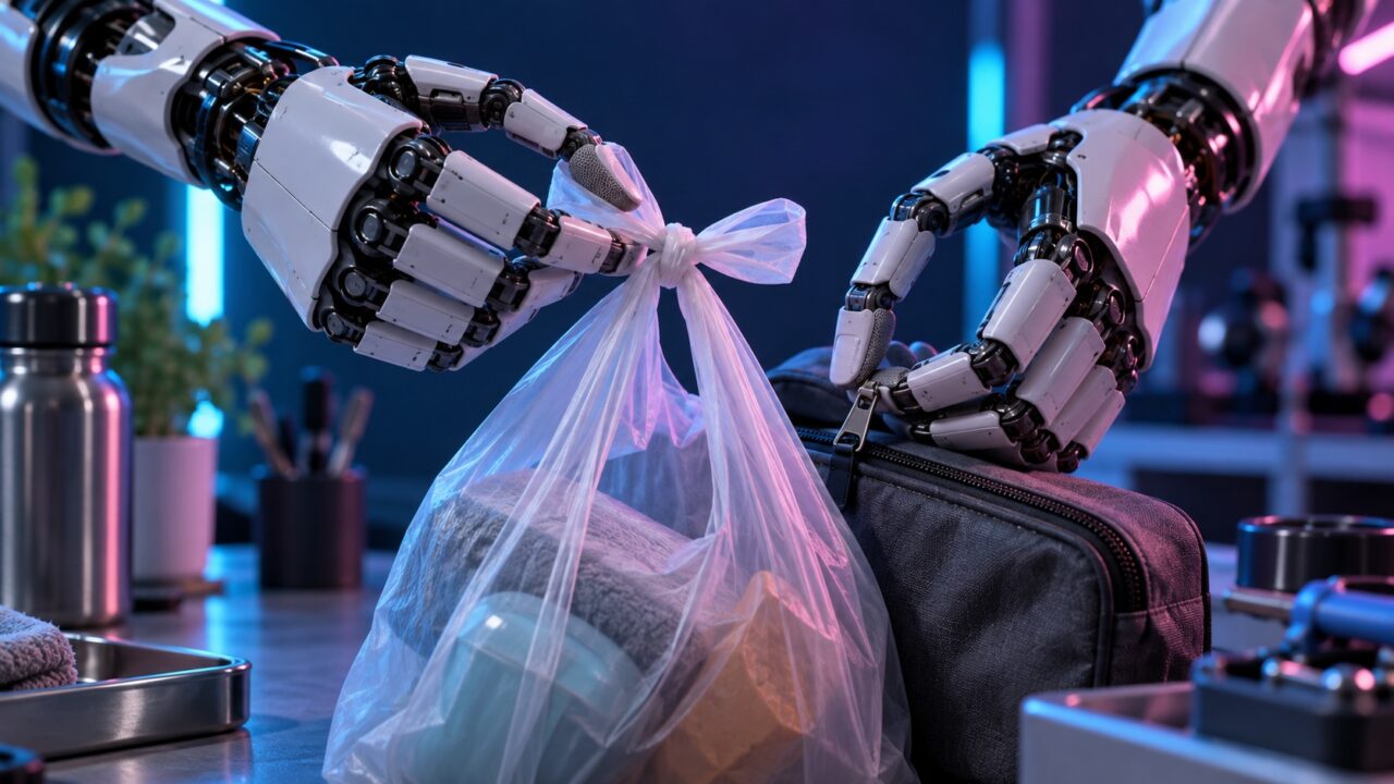 五本指のロボットハンドが柔らかい袋や小物を慎重に扱う様子